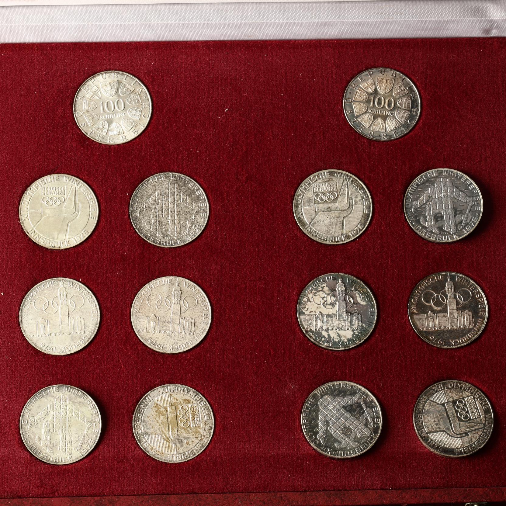 1976 Innsbruck 12th Olympiad Winter Games Set Diameter 35 Weight 23.93g each Fineness .64% .4924 Troy Ounces Each 14 Coins Total 6.89 Troy Ounces