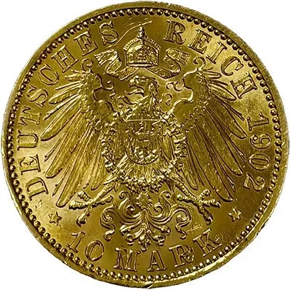 German 10 Mark (90% pure gold) .1152 toz 3.98g Diameter 19.5mm