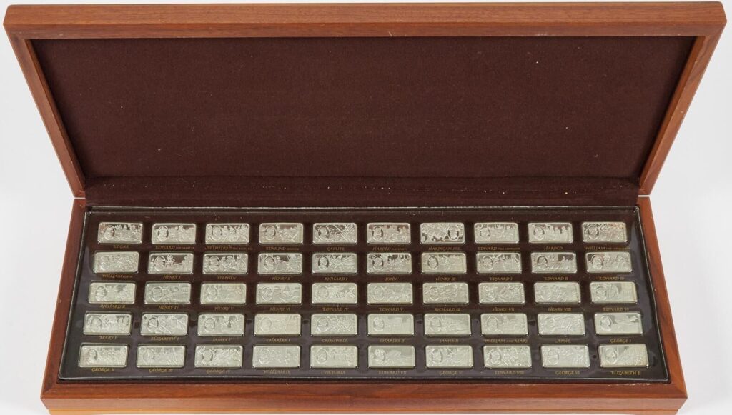 Franklin Mint 1000 Years of British Monarchy Sterling Silver Ingot Set 1973-1976 Each Piece 66.3g Each Ingot Total 104 oz