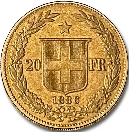 Swiss 20 Gold Franc (90% pure gold) .1867 toz 6.45g Diameter 21mm