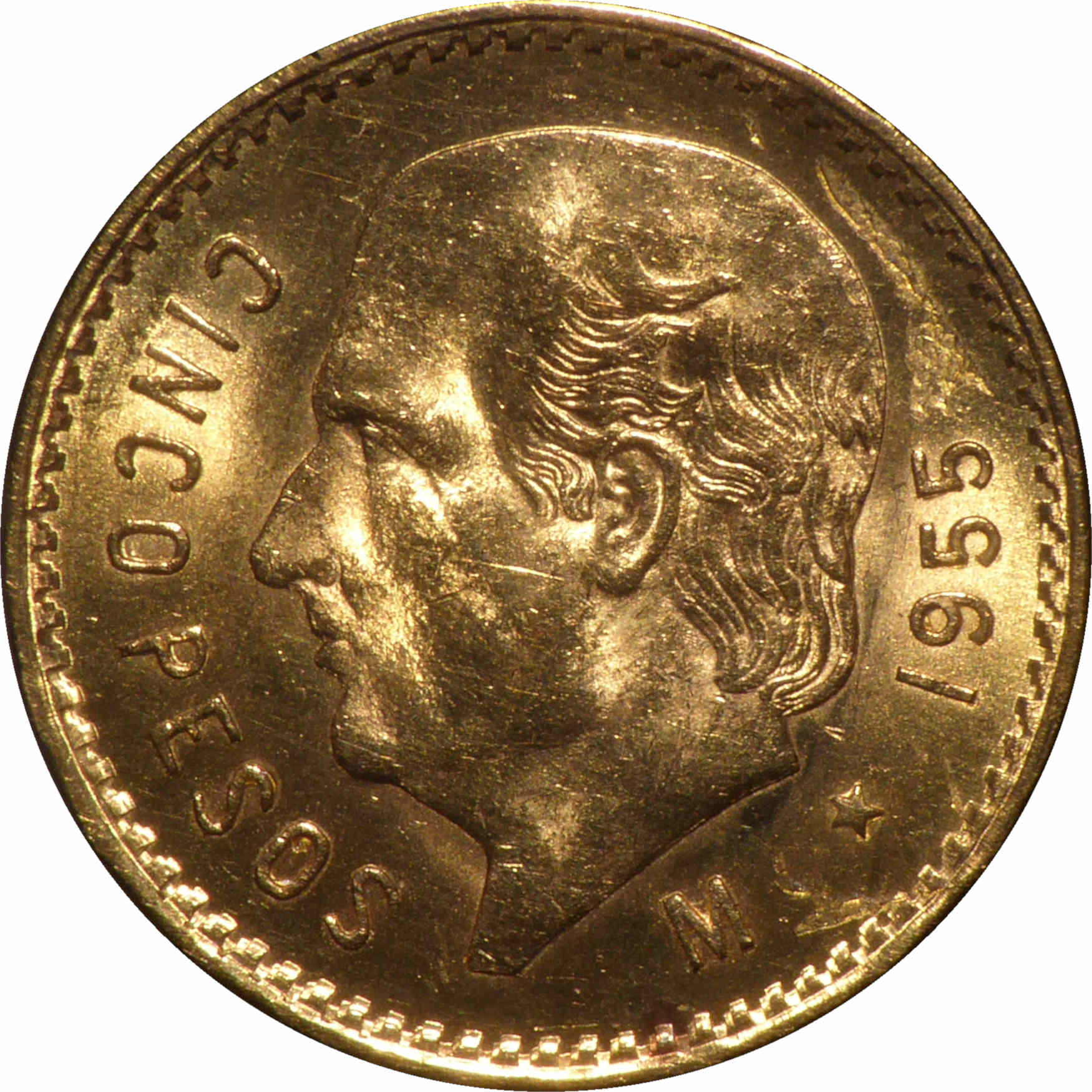 Mexico 5 Pesos 1905-1955 (90% Gold) 4.21g 19mm Diameter