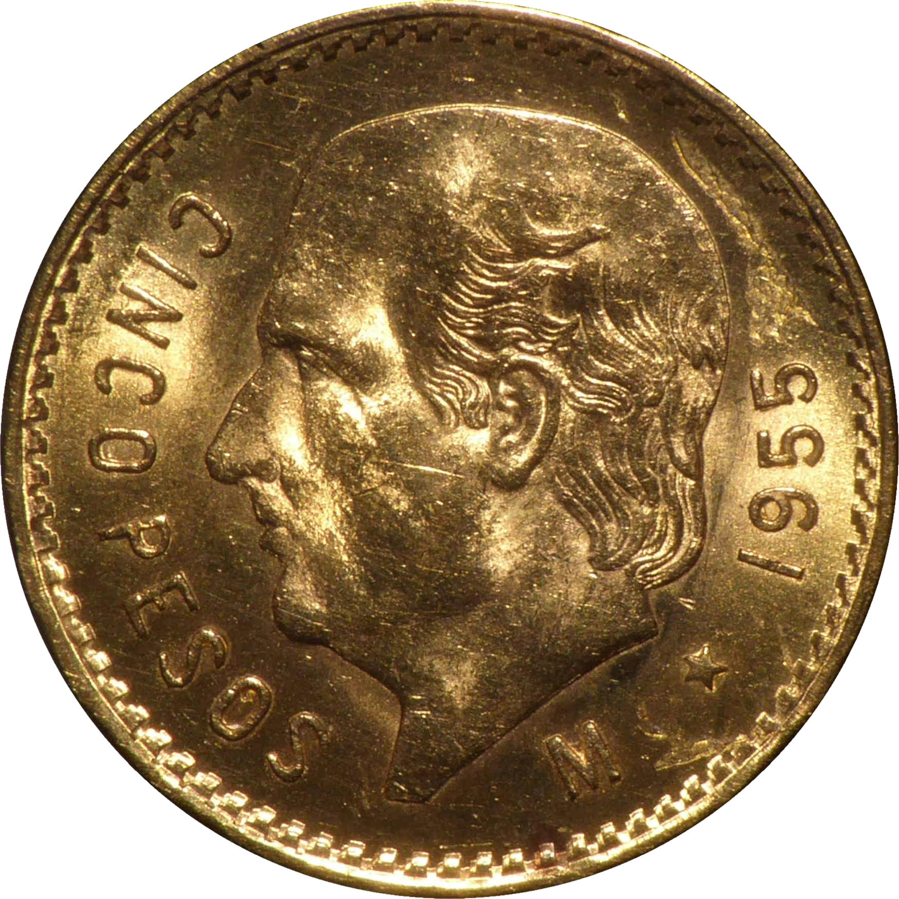 Mexico 5 Pesos 1905-1955 (90% Gold) 4.21g 19mm Diameter