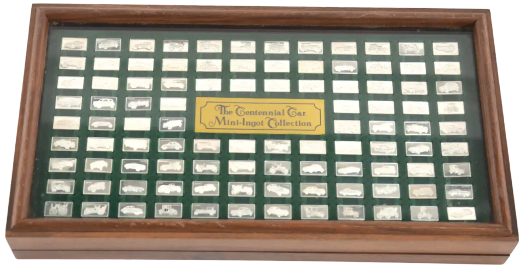 Franklin Mint Centennial Car Mini Ingot Sterling Silver Set 1973-1978 .05oz Each Ingot = 5 Troy Ounces in Complete Set