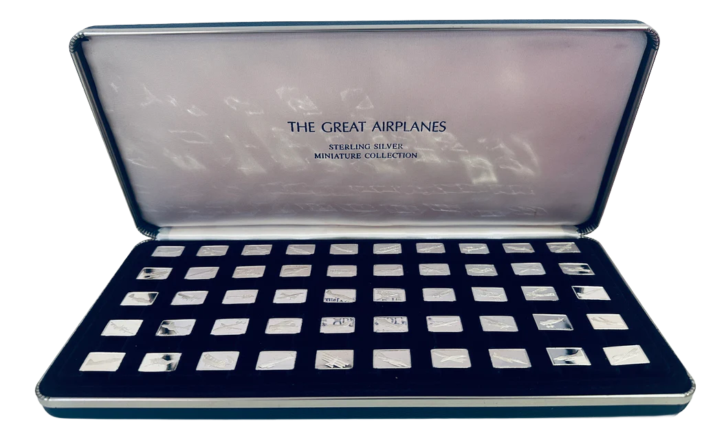 Franklin Mint The Great Airplanes Mini Ingot Sterling Silver Set 1973-1978 2g Each Ingot = 100g in Complete Set
