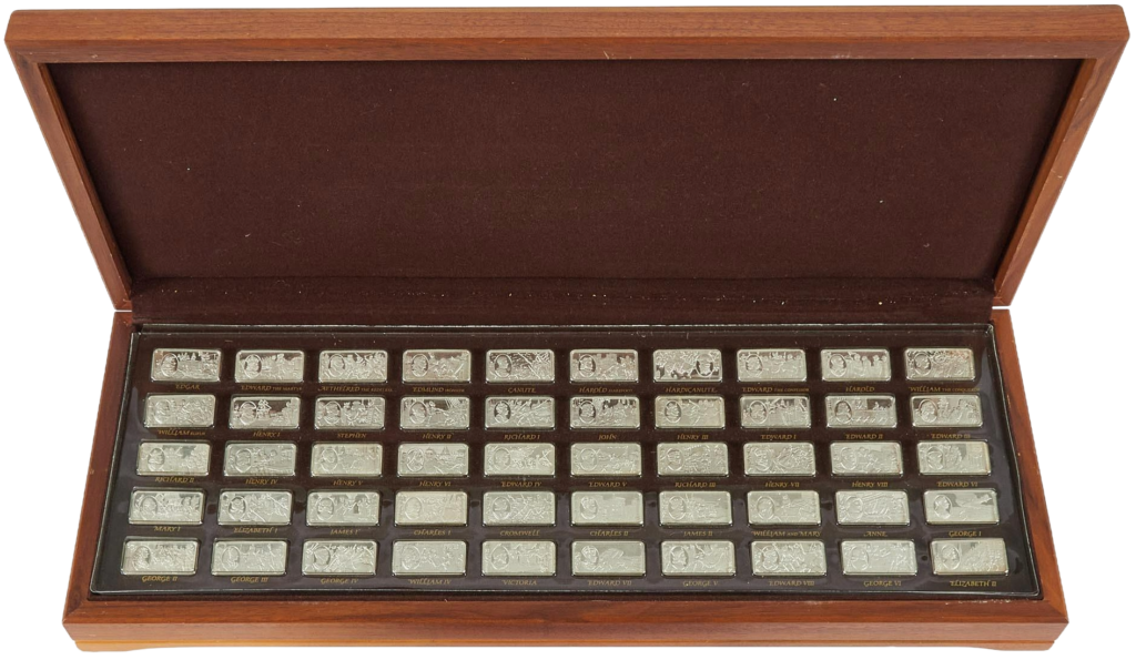 Franklin Mint 1000 Years of British Monarchy Sterling Silver Ingot Set 1973-1976 Each Piece 66.3g Each Ingot Total 104 oz