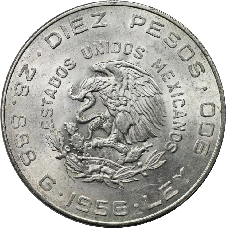 1955 - 1956 Mexican 10 Pesos 28.888g 90% Silver