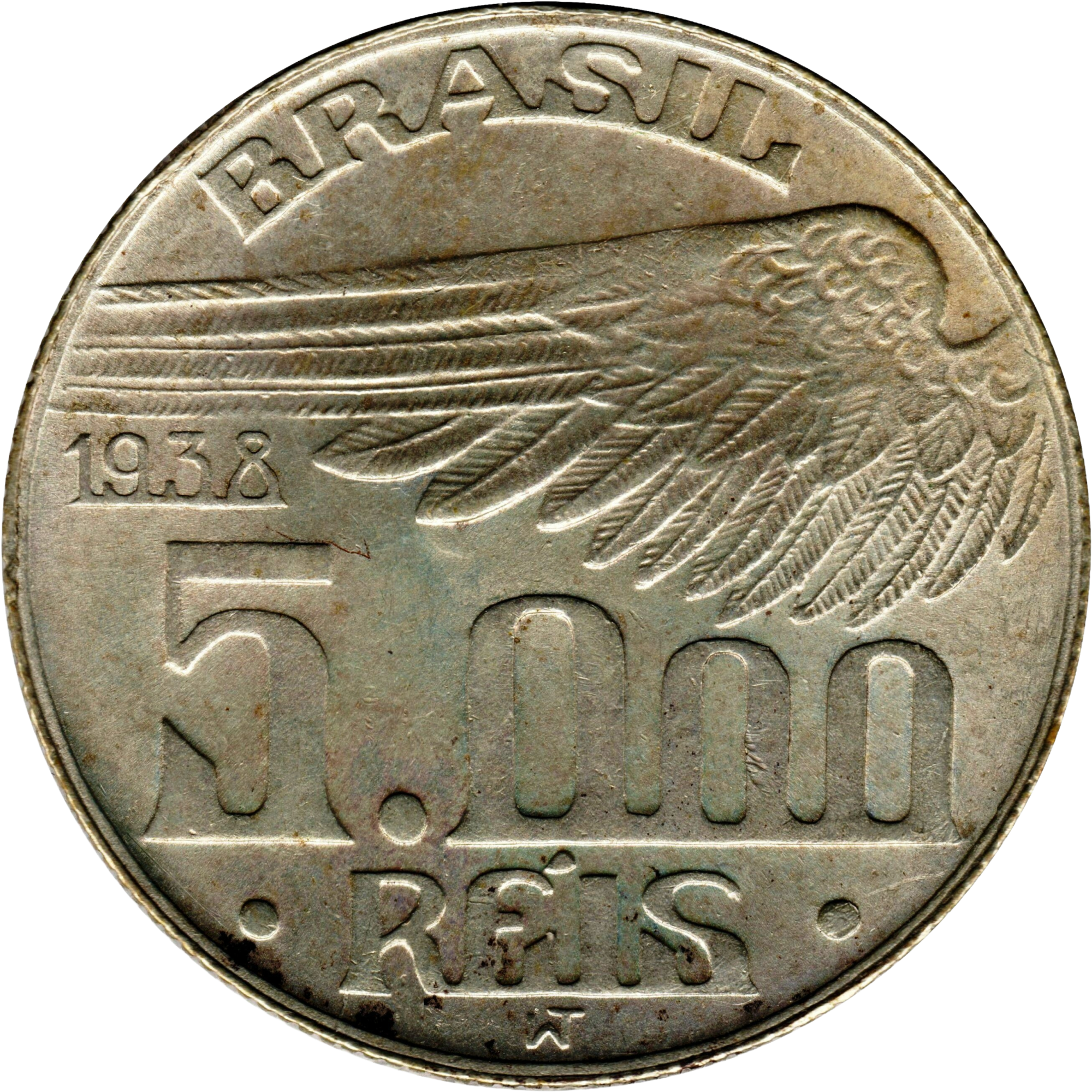 1936 - 1938 Brazil 5000 Réis Portrait of Alberto Santos-Dumont 10g 60% Silver