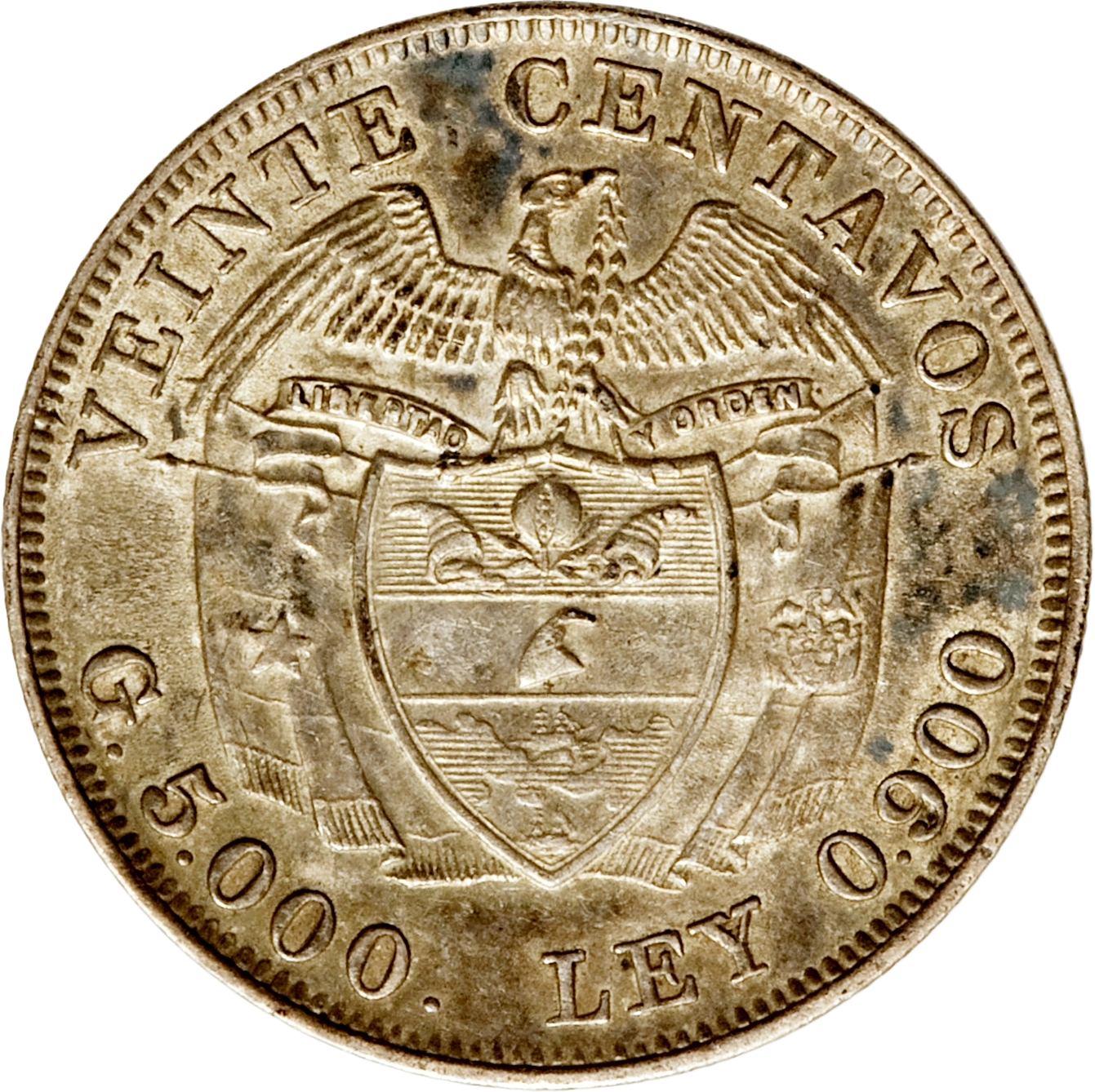 Columbia 1911 - 1942 20 Centavos 5g 90% Silver