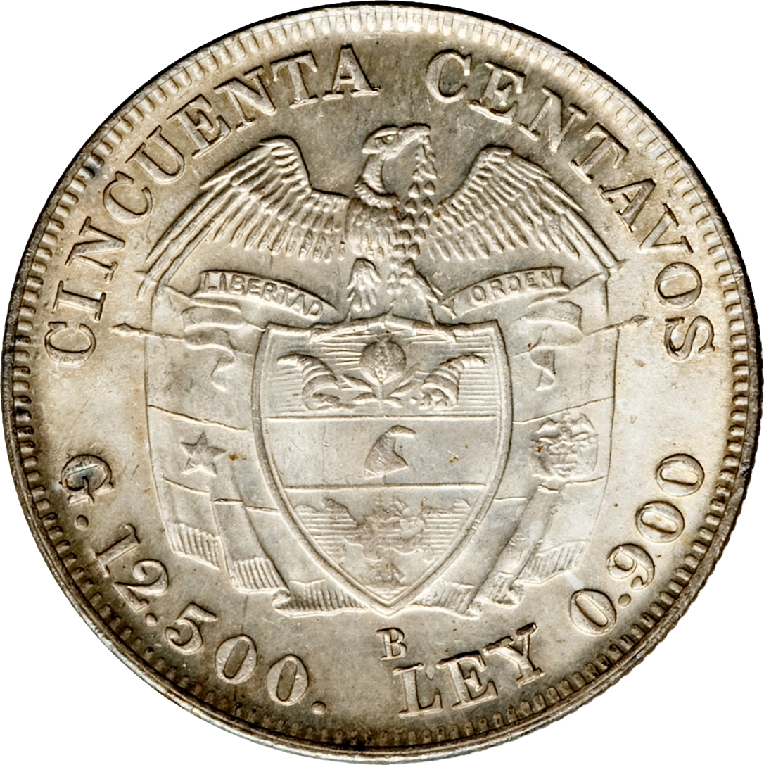 Columbia 1912 - 1933 50 Centavos 12.5g 90% Silver