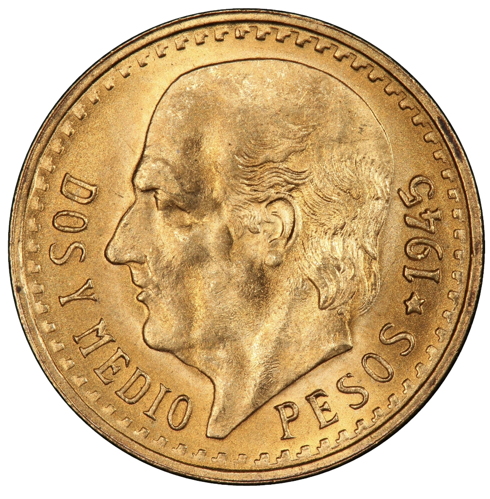 Mexico 2 1/2 Pesos 1918-1948 (90% Gold) 2.0833g 15.5mm Diameter